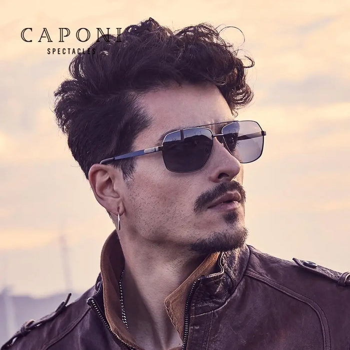 CAPONI Photochromic Sun Glasses Polarized Brand Square Men's Sunglasses Classic Double Bridge Driving Sun Shade For Men BS8002