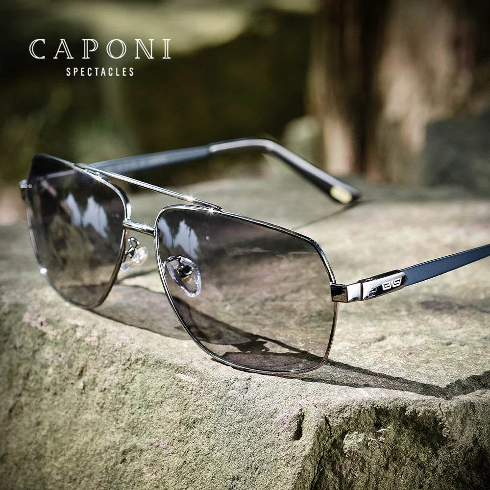 CAPONI Photochromic Sun Glasses Polarized Brand Square Men's Sunglasses Classic Double Bridge Driving Sun Shade For Men BS8002