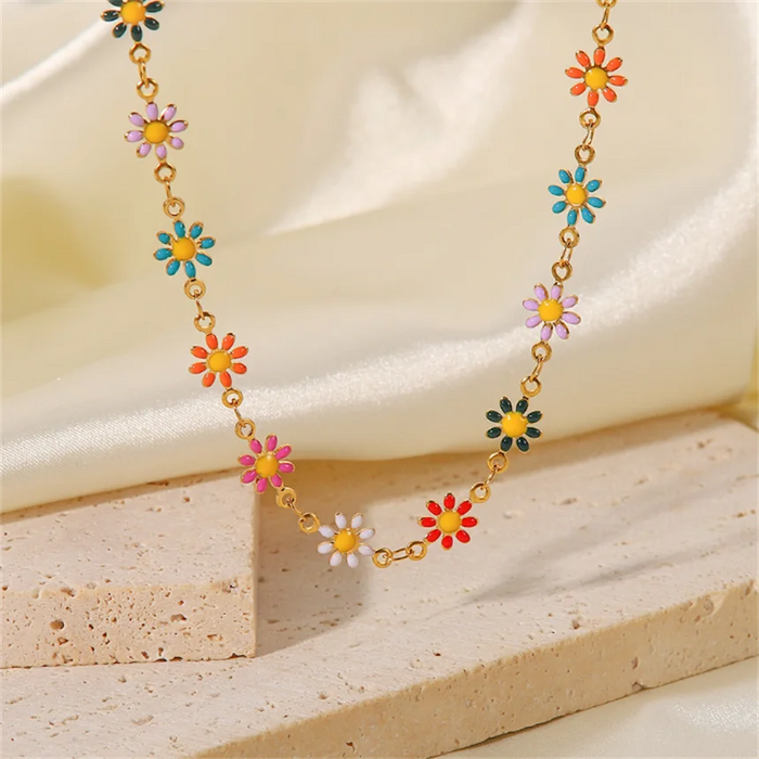 316L Stainless Steel Daisies Flower Colorful Oil Dropping Necklaces Bracelets For Women Fashion Fine Jewelry Set Party Gifts