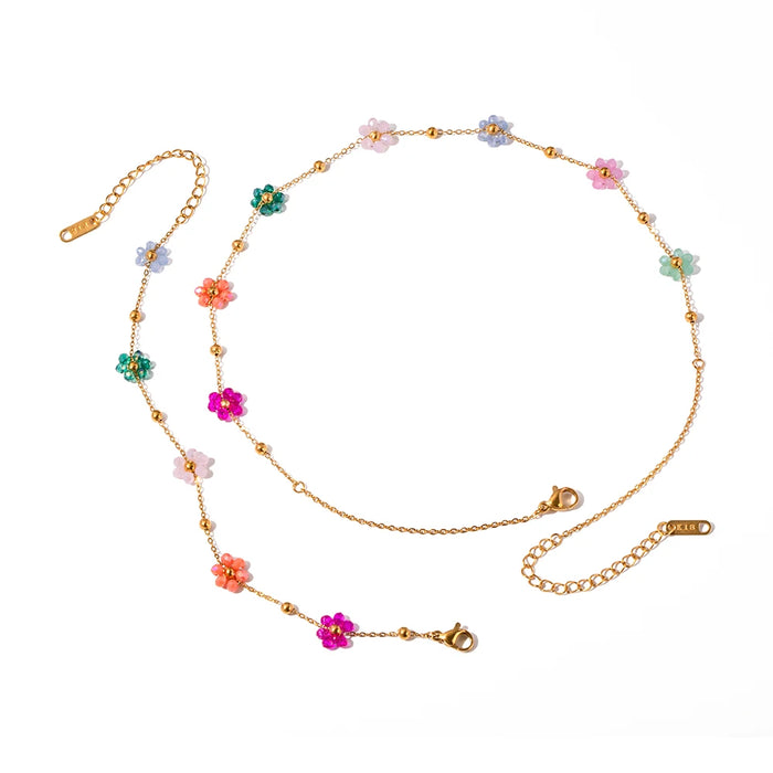 Uworld Stainless Steel Handmade 5 Colorful Small Flower Chain Bracelet Waterproof Women's Exquisite Shiny Jewelry Metal Chain