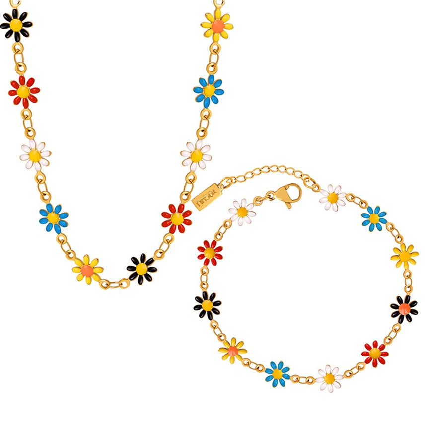 316L Stainless Steel Daisies Flower Colorful Oil Dropping Necklaces Bracelets For Women Fashion Fine Jewelry Set Party Gifts