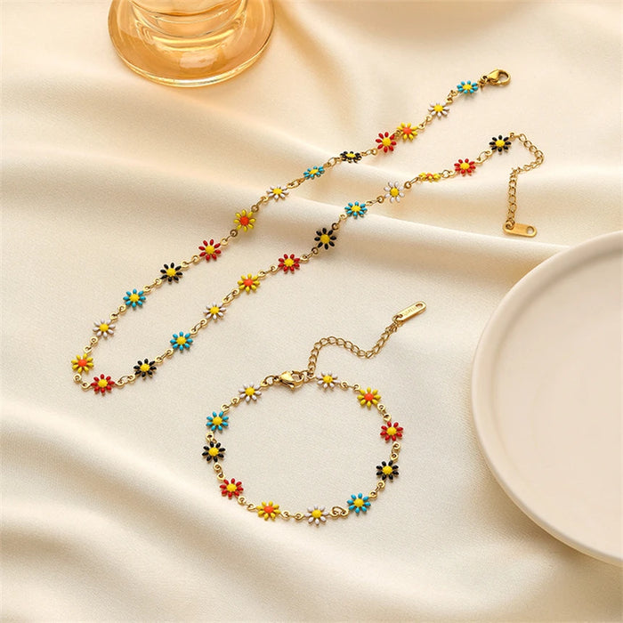 316L Stainless Steel Daisies Flower Colorful Oil Dropping Necklaces Bracelets For Women Fashion Fine Jewelry Set Party Gifts